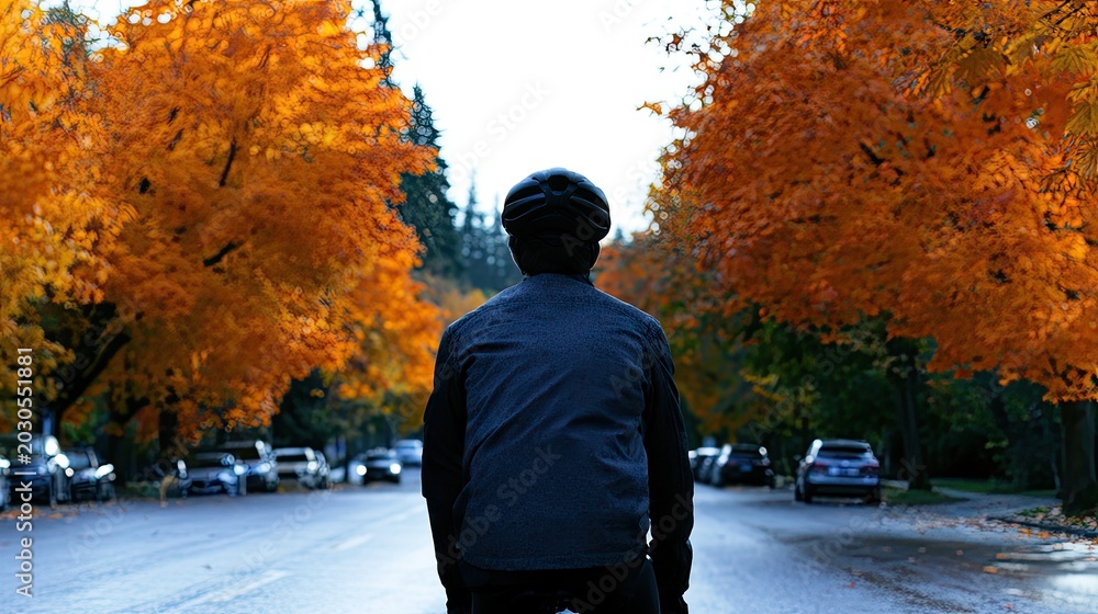 Obraz premium Cyclist on street lined with vibrant autumn trees