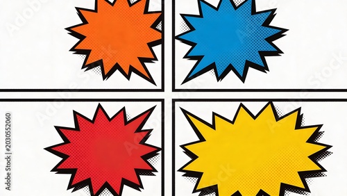  features a set of four comic-style speech bubbles arranged in a grid layout. Each bubble has a distinct color and design, with a halftone dot pattern giving them a retro pop art appearance. The top l