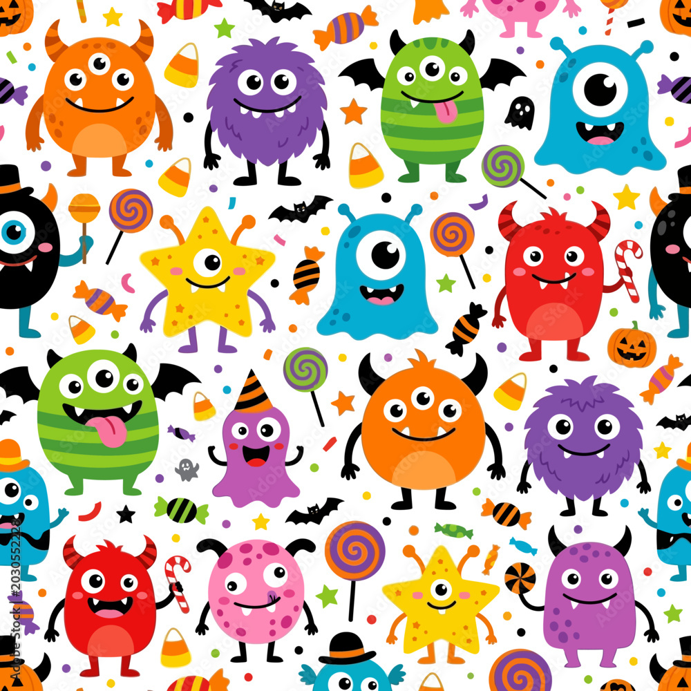 Fototapeta premium A playful Halloween pattern features colorful cartoon monsters, candy, and decorations on a white background.