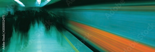 Motion blur of people in a subway tunnel with streaks of light