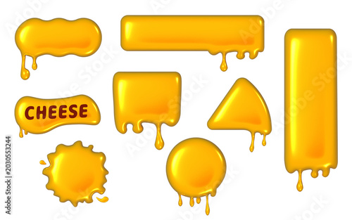 Obraz na plátně 3D puffy melted cheese banner set, glossy yellow cheddar drips and dripping flui
