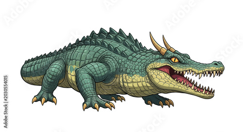 Fotografie Fantasy Crocodile Dragon Creature with Horns, Sharp Teeth, and Spikes