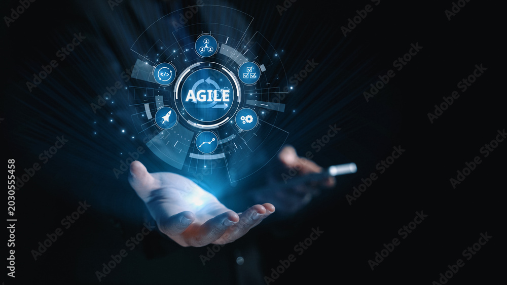 Obraz premium Agile project management using teams and agile planning for agile development. Agile enables flexibility, collaboration, and continuous improvement across modern workflows. Elide