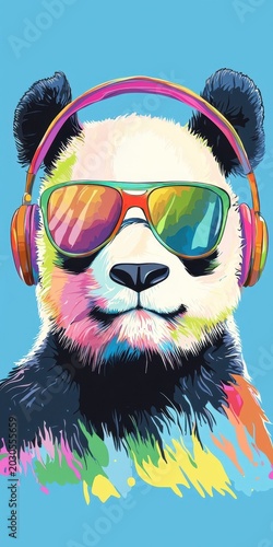 Colorful Panda Art Illustration, Digital Artwork, Vibrant Colors, Headphones, Abstract Design, Front View, Pop Culture Decor
