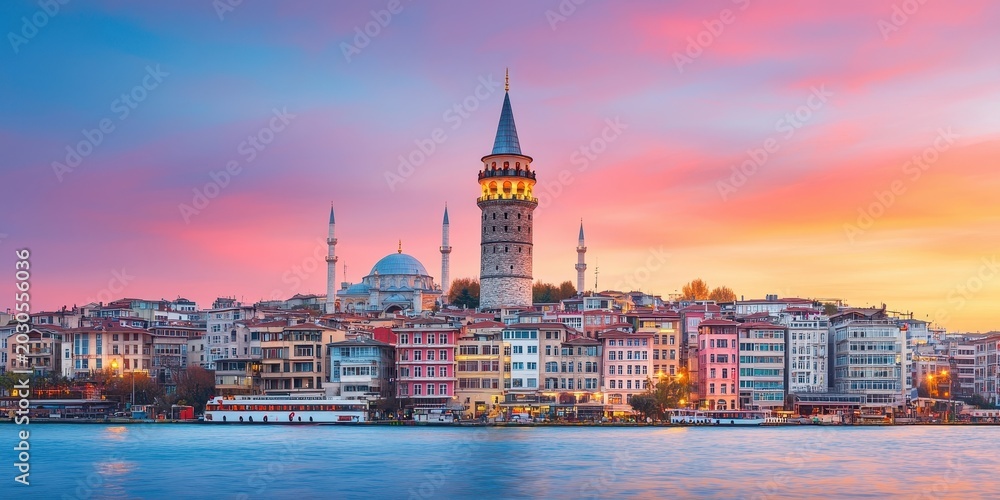 Fototapeta premium Sunset Over Galata Tower, Istanbul, Turkey, Scenic Photograph, Vibrant Skyline, Captivating Tourism Destination