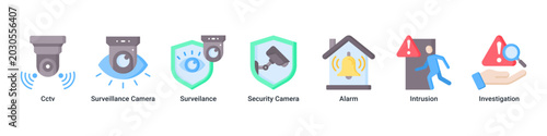 Surveillance Hub web banner icon vector illustration with icons of Cctv, Surveillance Camera, Surveilance, Security Camera, Alarm, Intrusion and Investigation
