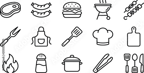 Photos Outdoor summer BBQ and grill line icon set with cooking tools meat and picnic equipment for barbecue party menu design