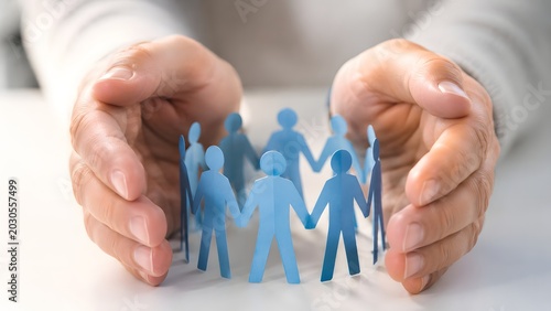 Family protection concept with hands safeguarding paper people for life insurance health care social support safety trust and financial security planning background