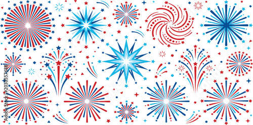 Patriotic American independence day fireworks collection with red white and blue starbursts for fourth of July holiday celebration.