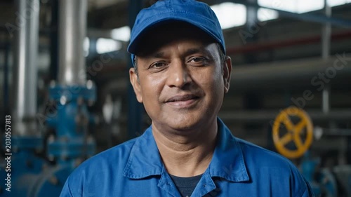 Smiling factory worker in blue uniform.