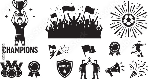 Quadro su tela Soccer football champions celebration and fans crowd silhouettes vector illustra