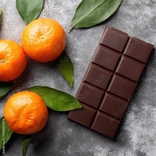 Dark chocolate bar placed next to fresh mandarin oranges with green leaves, overhead view of citrus fruit and chocolate on gray stone.