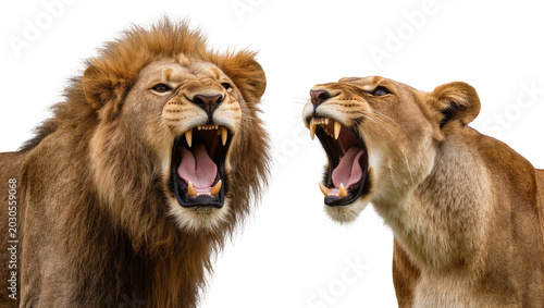 Foto Majestic male lion and lioness roaring aggressively, isolated on transparent bac