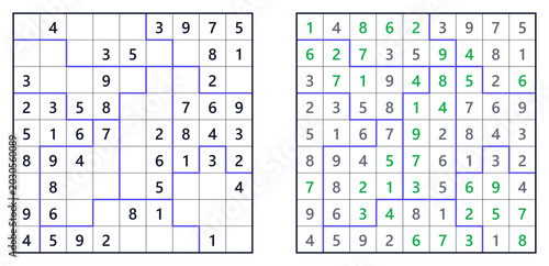Sudoku solution page with jigsaw layout at easy level. For a book of Japanese Sudoku puzzles  