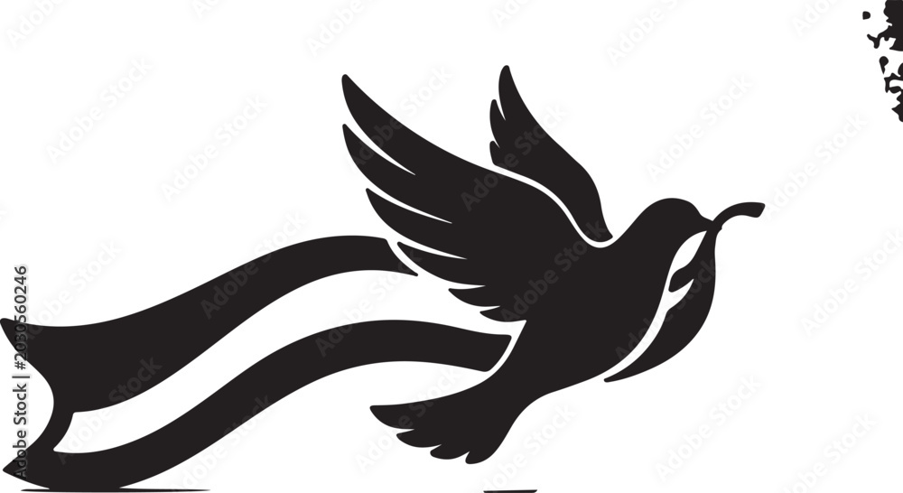 Fototapeta premium A dynamic black silhouette of a flying dove carrying an olive branch, with flowing wavy lines behind it symbolizing motion and peace.