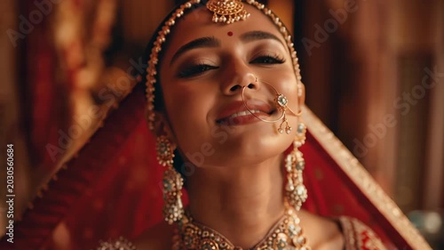Portrait of beautiful Indian bride in traditional red wedding attire