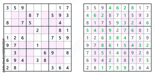 Sudoku solution page. Hyper. Level easy with highlighted numbers. For a book of Japanese Sudoku puzzles  