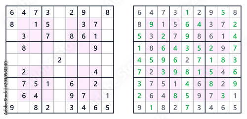 Sudoku solution page for hyper level easy with numbers filled in. For a book of Japanese Sudoku puzzles