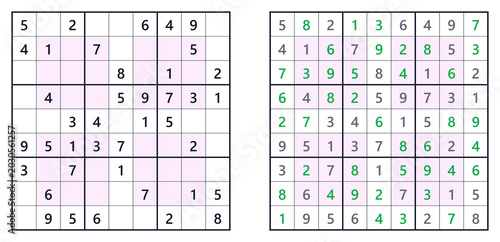 Sudoku solution page, hyper, level easy with grids in color. For a book of Japanese Sudoku puzzles