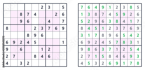 Sudoku solution page with completed grid and hints for easy level.  Hyper. For a book of Japanese Sudoku puzzles