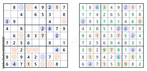Sudoku solution page showing even and odd numbers at easy level . For a book of Japanese Sudoku puzzles 