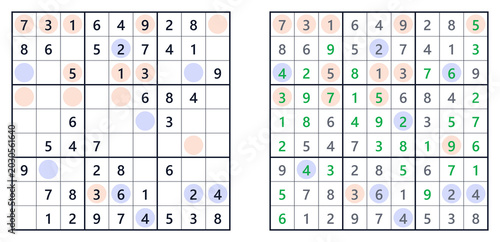 Sudoku solution page with even/odd indicators for easy level. For a book of Japanese Sudoku puzzlesм 