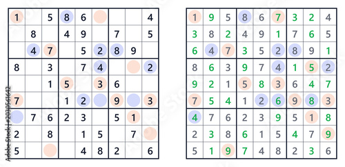 Sudoku solution page. Even/odd. Level easy. For a book of Japanese Sudoku puzzles