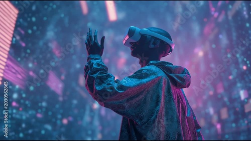 Person interacting with futuristic virtual reality environment surrounded by neon holograms, cinematic cyber atmosphere