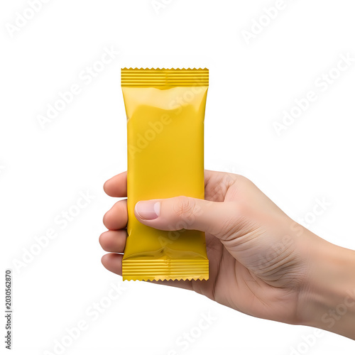 Hand holding yellow snack food package against clear background transparent background
