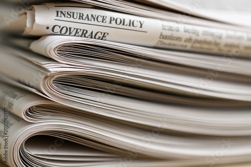 Rolled insurance policy coverage papers in layered stack, ideal for risk management and contract documentation content