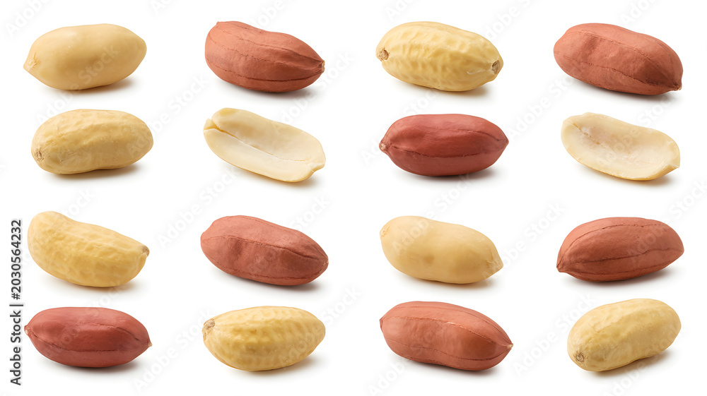Obraz premium A collection of peanuts in various states of shelling on a white background