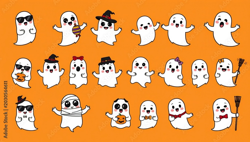 Fototapeta premium Adorable ghosts in various costumes and poses for halloween