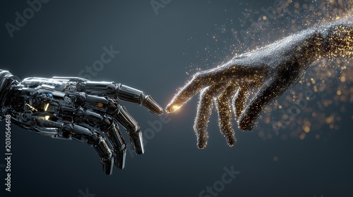 A close-up image of a robotic hand in contact with another robotic hand, illustrating the concept of artificial intelligence collaboration.