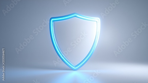 A glowing blue cyber defense shield icon on a white background. A simple concept for technological protection.