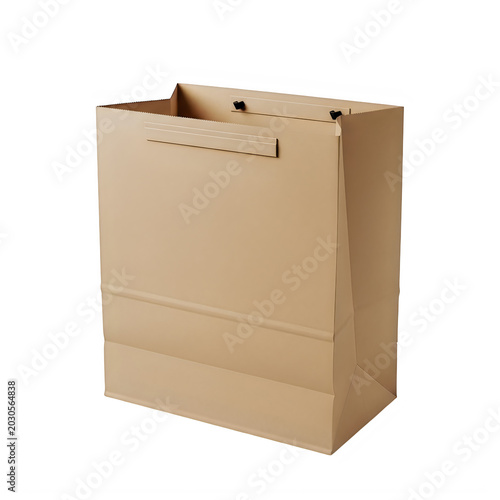 Large beige cardboard shipping bag with carrying handle and flap closure transparent background