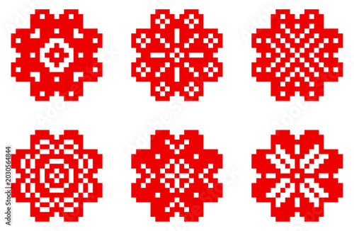 Set of embroidery ornament elements, red geometric cross stitch floral patterns vector, Vyshyvanka icons collection	