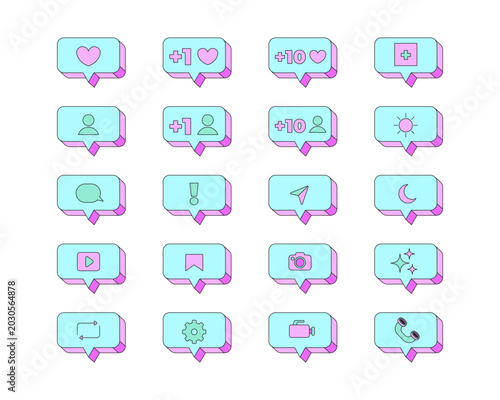 Social media notification neubrutalism UI overlay element set. Likes followers in popup bubbles. Colorful flat vector user interface component pack. Isolated graphic illustration in neo memphis style