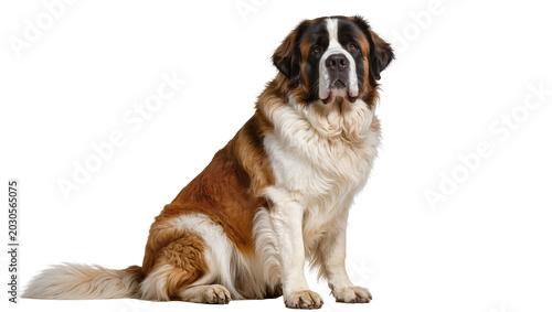 Billede på lærred Majestic Saint Bernard dog with brown and white fur, sitting calmly isolated on
