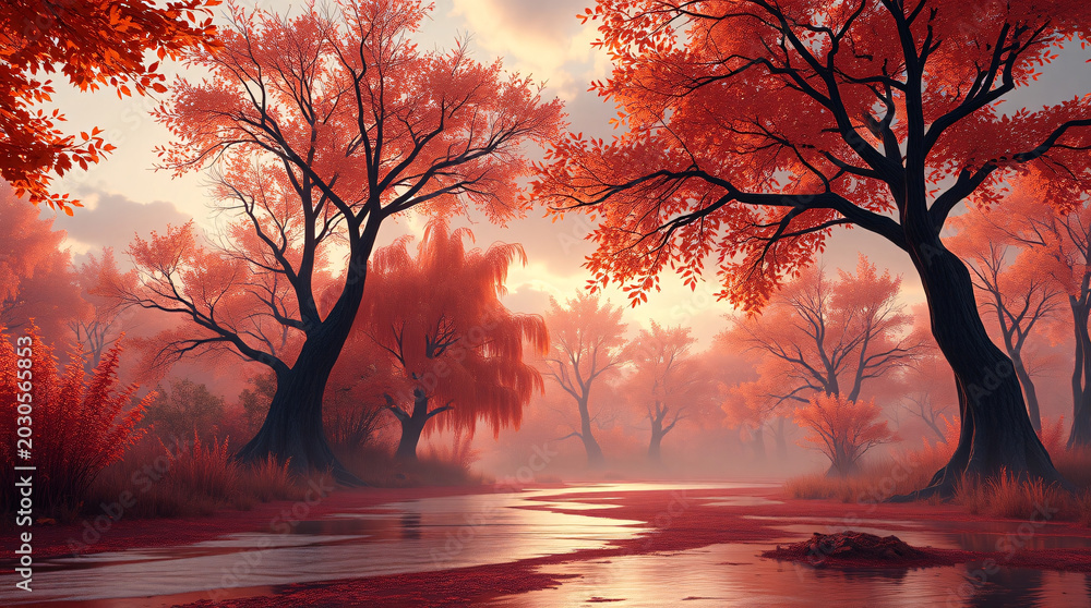 Obraz premium Atmospheric 3D Fantasy Forest with Crimson Autumn Trees, Glowing Morning Mist, and Serene Wet Ground Reflections