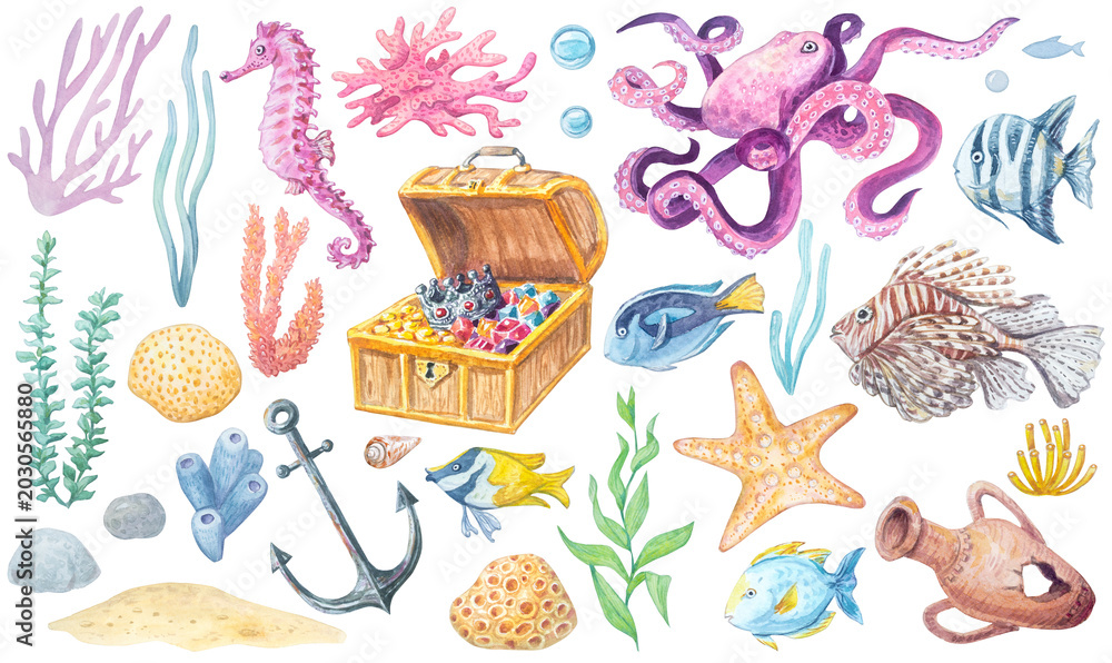 Obraz premium Watercolor underwater marine elements set isolated on white background. Hand drawn ocean collection of tropical fish, pirate treasure chest, sea anchor, corals and seaweed. Detailed reef clip art