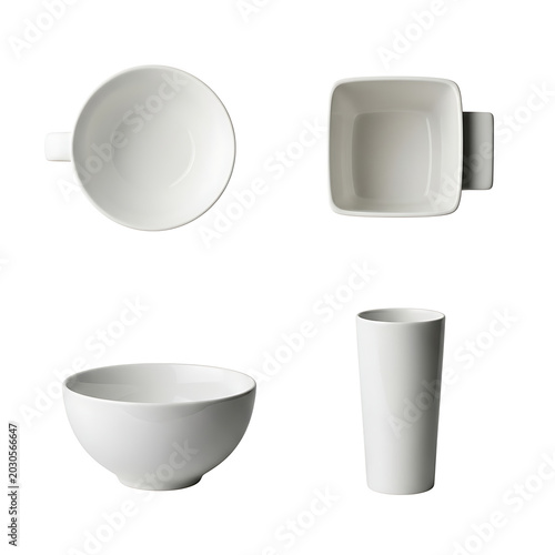Minimalist white ceramic dishware set with mugs bowl and glass