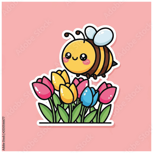Fotografia Cute cartoon bee with rosy cheeks flying above a vibrant patch of colorful tulips
