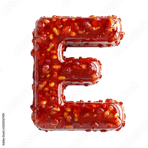 Letter E is constructed from glossy chili jam and scattered with small pieces of dried pepper flakes.