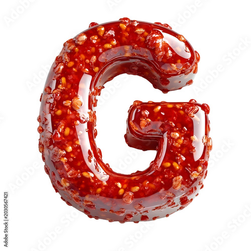 Letter G is shaped from thick red chili sauce and textured with crunchy spice particles on a white background.