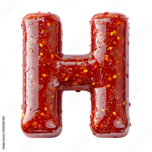 Letter H rendered in glossy red chili sauce features a textured surface with many small seeds.