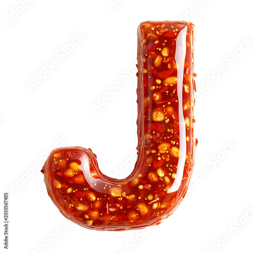 Letter J formed by thick red chili paste with textured seeds creates a bold culinary typography piece.