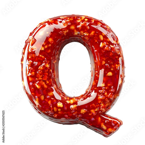 Q-shaped letter features a glossy red chili paste finish embedded with numerous small yellow seeds for a textured look.