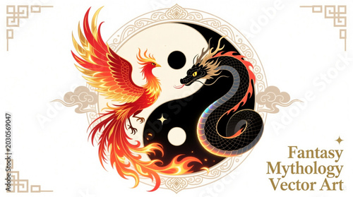Fantasy Mythology Phoenix and Dragon Yin Yang Vector Art