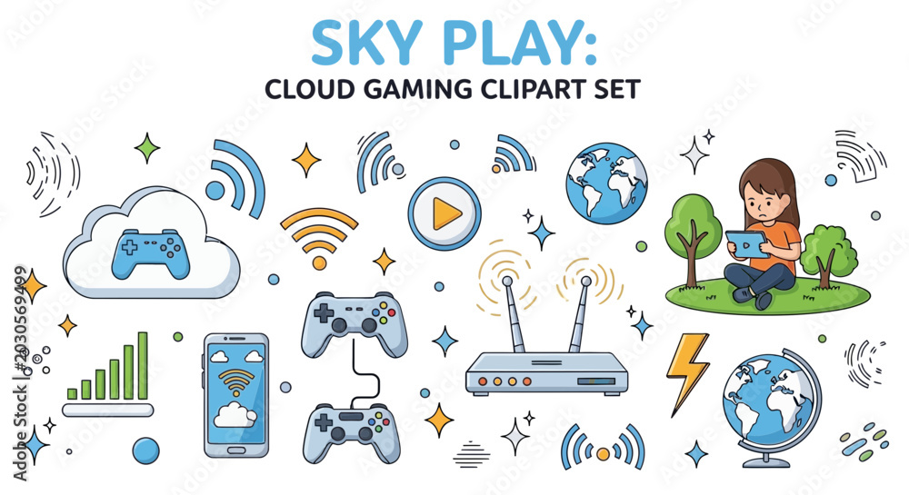 Fototapeta premium A comprehensive set of cloud gaming and internet technology clipart, featuring controllers, Wi-Fi, routers, and a person playing on a tablet.
