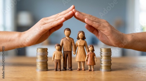 Wooden family figurines protected by hands with stacks of coins